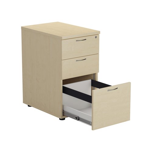 Offering a convenient and flexible place to store documents, papers and stationery, this maple-finish desk high pedestal can fit conveniently next to your desk to provide additional work space. The pedestal features 2 box drawers and 1 filing drawer suitable for foolscap suspension filing. This pedestal measures W404xD600xH730mm and can be placed beside the 600mm end of a radial desk.