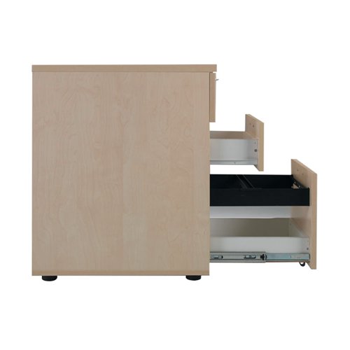 Offering a convenient and flexible place to store documents, papers and stationery, this maple-finish desk high pedestal can fit conveniently next to your desk to provide additional work space. The pedestal features 2 box drawers and 1 filing drawer suitable for foolscap suspension filing. This pedestal measures W404xD800xH730mm and can be placed beside the 800mm end of a radial desk, or used with a standard desk.