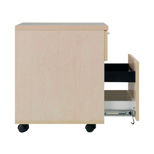 KF72083 | Offering a convenient and flexible place to store documents, papers and stationery, this maple-finish mobile pedestal fits under your desk, or can be used independently to suit your needs. The pedestal features 1 box drawer and 1 filing drawer suitable for foolscap suspension filing. This pedestal measures W434xD580xH595mm and is mobile on castors.