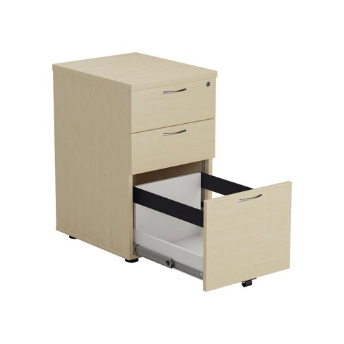 KF72089 | Offering a convenient and flexible place to store your documents, papers and stationery, this maple-finish pedestal fits under your desk for easy access. The pedestal features 3 box drawers and measures W434xD580xH690mm. This pedestal is designed to complement both Jemini and Arista standard desking.