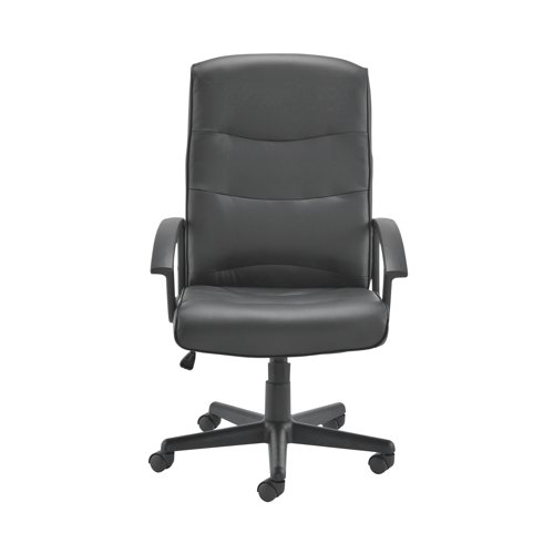 This plush executive chair is upholstered in black leather look material and features a high back for support and comfort. The lock tilt mechanism allows you to adjust the height and angle of the seat via a single lever for comfort for up to 8 hours. This chair comes on a five castor base for mobility.