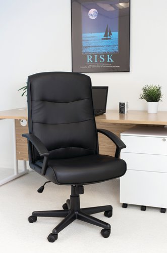 This plush executive chair is upholstered in black leather look material and features a high back for support and comfort. The lock tilt mechanism allows you to adjust the height and angle of the seat via a single lever for comfort for up to 8 hours. This chair comes on a five castor base for mobility.