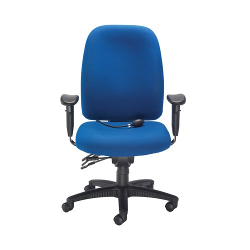 This strong and sturdy Avior chair is ideal for heavy duty 24 hour use in busy, multi-shift environments. The chair features a high back with lumbar support and extra padding in the seat for long lasting use. The five star base mounted on castors enables you to move around freely and the seat height and back tilt can be easily adjusted. These chairs are ideal for use in call centres, control rooms and other multi-shift workplaces. This pack contains 1 blue chair with a ratchet back and seat slide.