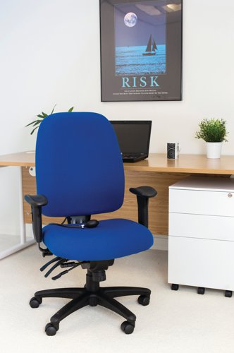 This strong and sturdy Avior chair is ideal for heavy duty 24 hour use in busy, multi-shift environments. The chair features a high back with lumbar support and extra padding in the seat for long lasting use. The five star base mounted on castors enables you to move around freely and the seat height and back tilt can be easily adjusted. These chairs are ideal for use in call centres, control rooms and other multi-shift workplaces. This pack contains 1 blue chair with a ratchet back and seat slide.