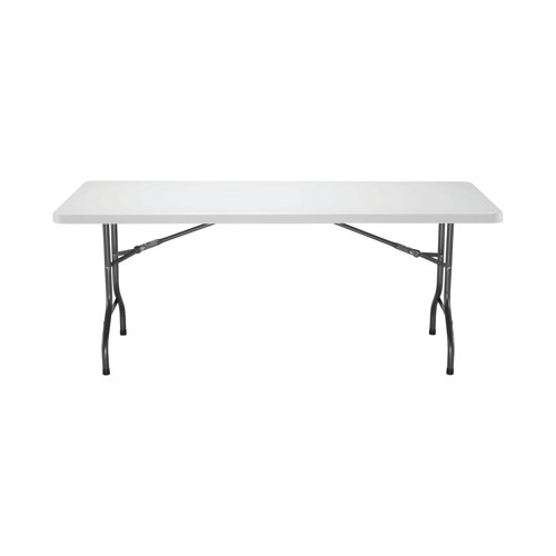 This lightweight Jemini rectangular table features folding legs for easy storage when not in use. The high density white plastic tabletop is dent, scratch and moisture resistant, making this table ideal for schools and catering environments. Also suitable for outdoor use, this lightweight table measures W1830 x D760 x H750mm.
