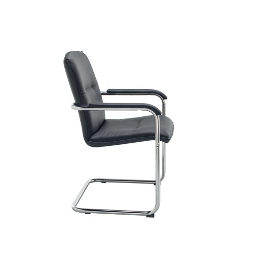 The Jemini Stratus Tuscany is a contemporary leather look executive's chair. Featuring a bright chrome cantilever base contrasted with black leather look upholstery, these chairs makes a stylish addition to any office. Supplied complete with leather look arm pads for comfort. Supplied in a pack of 2.