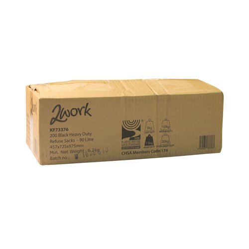 2Work Heavy Duty Refuse Sack Black (Pack of 200) KF73376 - VOW - KF73376 - McArdle Computer and Office Supplies