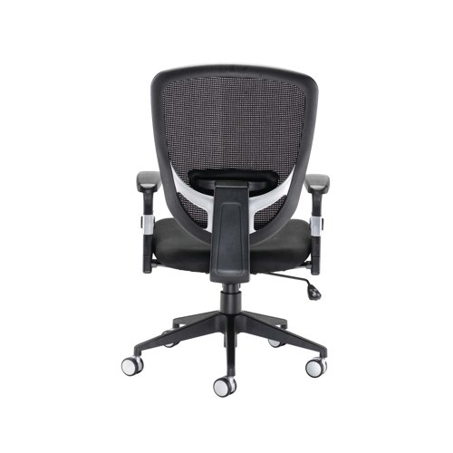 These chairs fuse the comfort of cushioned pads with the support quality of a mesh back. Each chair has a high back, with adjustable back tilt for flexibility. The arms can be raised or lowered and the chair also features a five wheel base for mobility. This pack contains 1 black chair with a recommended usage time of 8 hours.