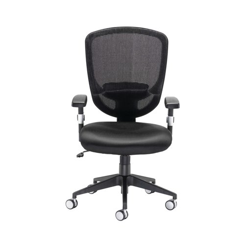 KF73906 | These chairs fuse the comfort of cushioned pads with the support quality of a mesh back. Each chair has a high back, with adjustable back tilt for flexibility. The arms can be raised or lowered and the chair also features a five wheel base for mobility. This pack contains 1 black chair with a recommended usage time of 8 hours.