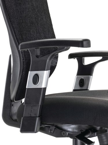 KF73906 | These chairs fuse the comfort of cushioned pads with the support quality of a mesh back. Each chair has a high back, with adjustable back tilt for flexibility. The arms can be raised or lowered and the chair also features a five wheel base for mobility. This pack contains 1 black chair with a recommended usage time of 8 hours.
