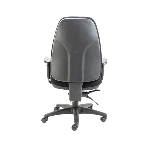 With a supportive high back and extra thick padded seat, the Lucania Task Chair in black is ideal for heavy duty, 24 hour use.Designed for call centres, control rooms and other multi-shift environments, the versatility of the asynchro mechanism, where the height and tilt of both the seat and back are adjustable, means it is easier to find a comfortable seating position. Able to support sitters of up to 24 stone in weight, adjustable arms are included and an optional chrome base can be purchased for that finishing touch.