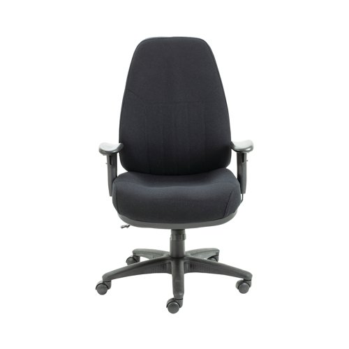 With a supportive high back and extra thick padded seat, the Lucania Task Chair in black is ideal for heavy duty, 24 hour use.Designed for call centres, control rooms and other multi-shift environments, the versatility of the asynchro mechanism, where the height and tilt of both the seat and back are adjustable, means it is easier to find a comfortable seating position. Able to support sitters of up to 24 stone in weight, adjustable arms are included and an optional chrome base can be purchased for that finishing touch.