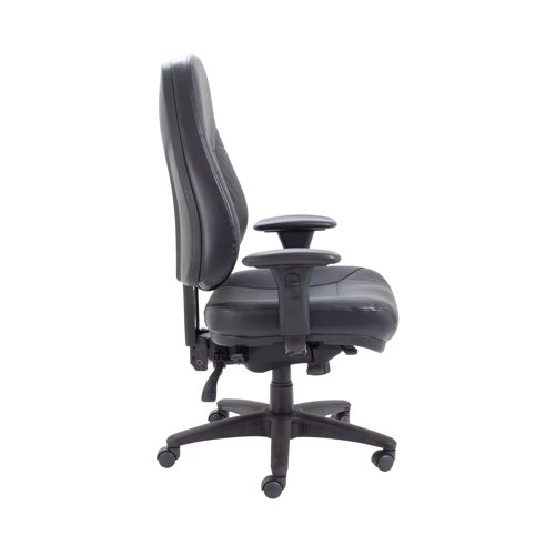 KF74022 | With a supportive high back and extra thick padded seat, the Lucania Task Chair in black leather is ideal for heavy duty, 24 hour use. Designed for call centres, control rooms and other multi-shift environments, the versatility of the asynchro mechanism, where the height and tilt of both the seat and back are adjustable, means it is easier to find a comfortable seating position. Able to support sitters of up to 24 stone in weight, adjustable arms are included and an optional chrome base can be purchased for that finishing touch.