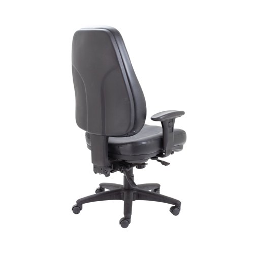 With a supportive high back and extra thick padded seat, the Lucania Task Chair in black leather is ideal for heavy duty, 24 hour use. Designed for call centres, control rooms and other multi-shift environments, the versatility of the asynchro mechanism, where the height and tilt of both the seat and back are adjustable, means it is easier to find a comfortable seating position. Able to support sitters of up to 24 stone in weight, adjustable arms are included and an optional chrome base can be purchased for that finishing touch.