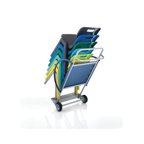 This Titan trolley is designed for use with Titan One Piece Chairs and can transport up to 10 stacked chairs at one time. The trolley features a sturdy steel frame and an ergonomic handle for ease of use. A metal backplate helps keep chairs secure during transit.