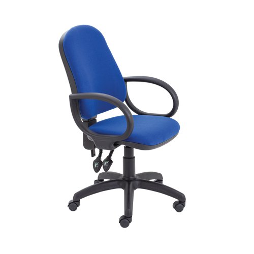 This Jemini Teme Operator Chair has a high back for improved comfort and posture for up to 8 hours at your desk. The back height and angle is adjustable and can be either fixed or free floating. The seat height is also adjustable from 460mm to 590mm. The padded seat and back are upholstered in blue fabric and the chair comes on a black plastic 5 castor base (an optional chrome base is available separately).