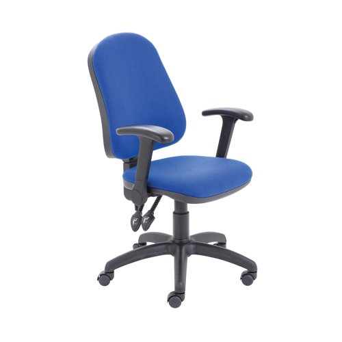 This Jemini Teme Operator Chair has a high back for improved comfort and posture for up to 8 hours at your desk. The back height and angle is adjustable and can be either fixed or free floating. The seat height is also adjustable from 460mm to 590mm. The padded seat and back are upholstered in blue fabric and the chair comes on a black plastic 5 castor base (an optional chrome base is available separately).