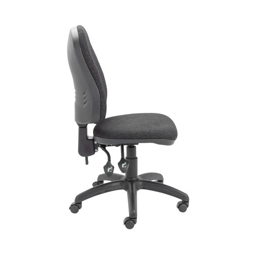 This Jemini Teme Operator Chair has a high back for improved comfort and posture for up to 8 hours at your desk. The back height and angle is adjustable and can be either fixed or free floating. The seat height is also adjustable from 460mm to 590mm. The padded seat and back are upholstered in charcoal fabric and the chair comes on a black plastic 5 castor base (an optional chrome base is available separately).