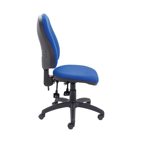 This Jemini Teme Deluxe Operator Chair has a high back for improved comfort and posture for up to 8 hours at your desk. The asynchro mechanism allows you to adjust the height of both the seat and back, with the angle either fixed or free floating. The padded seat and back are upholstered in blue fabric and the chair comes on a black plastic 5 castor base (an optional chrome base is available separately).