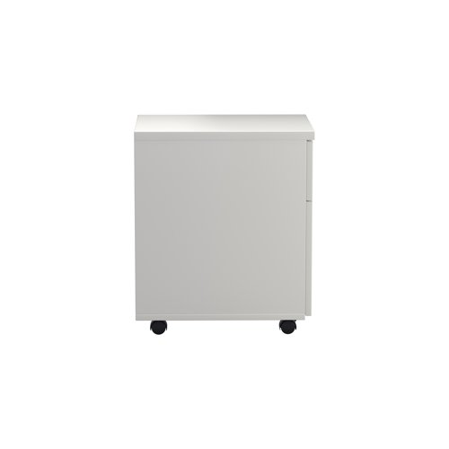 KF74147 | Designed to complement both Jemini and Arista desking, this 2 Drawer Mobile Pedestal can be used under desks or independently. The pedestal features 1 shallow box drawer for stationery, books or other accessories and 1 filing drawer suitable for foolscap-sized folders. Mounted on four swivel castors, it can be manoeuvred easily for flexible use. Finished in an eye-catching white, the pedestal measures W434 x D580 x H595mm.