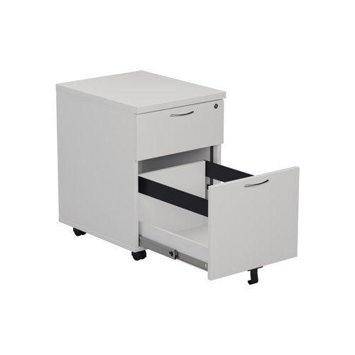 KF74147 | Designed to complement both Jemini and Arista desking, this 2 Drawer Mobile Pedestal can be used under desks or independently. The pedestal features 1 shallow box drawer for stationery, books or other accessories and 1 filing drawer suitable for foolscap-sized folders. Mounted on four swivel castors, it can be manoeuvred easily for flexible use. Finished in an eye-catching white, the pedestal measures W434 x D580 x H595mm.