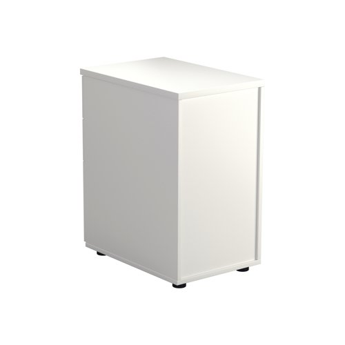 Offering a convenient and flexible place to store documents, papers and stationery, this white desk high pedestal can fit conveniently next to your desk to provide additional work space. The pedestal features 2 box drawers and 1 filing drawer suitable for foolscap suspension filing. This pedestal measures W400xD600xH730mm and can be placed beside the 600mm end of a radial desk.