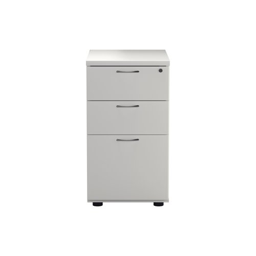 Offering a convenient and flexible place to store documents, papers and stationery, this white desk high pedestal can fit conveniently next to your desk to provide additional work space. The pedestal features 2 box drawers and 1 filing drawer suitable for foolscap suspension filing. This pedestal measures W400xD600xH730mm and can be placed beside the 600mm end of a radial desk.