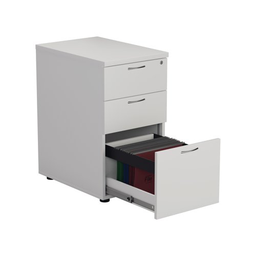KF74150 | Offering a convenient and flexible place to store documents, papers and stationery, this white desk high pedestal can fit conveniently next to your desk to provide additional work space. The pedestal features 2 box drawers and 1 filing drawer suitable for foolscap suspension filing. This pedestal measures W400xD800xH730mm and can be placed beside the 800mm end of a radial desk, or used with a standard desk.