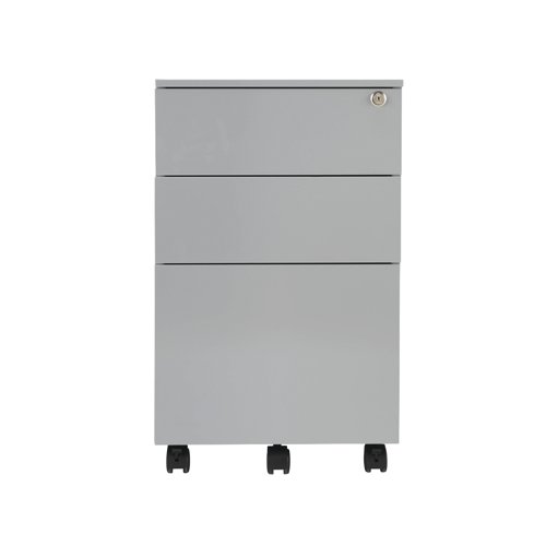 This entry level Jemini mobile steel pedestal features 2 stationery drawers and 1 filing drawer suitable for use with A4 suspension files. The tough steel carcass features an anti-tilt mechanism, allowing only 1 drawer open at a time. This pedestal measures W380xD470xH615mm and comes in a silver finish with an integrated handle design.