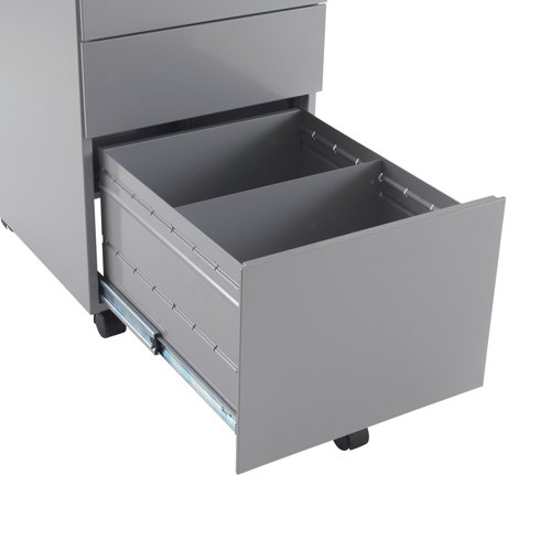 This entry level Jemini mobile steel pedestal features 2 stationery drawers and 1 filing drawer suitable for use with A4 suspension files. The tough steel carcass features an anti-tilt mechanism, allowing only 1 drawer open at a time. This pedestal measures W380xD470xH615mm and comes in a silver finish with an integrated handle design.