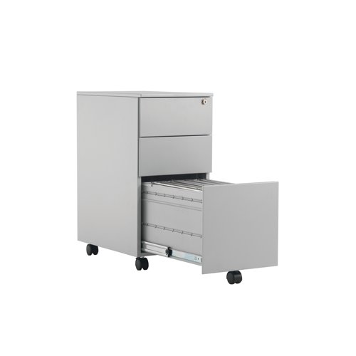 This entry level Jemini mobile steel pedestal features a slimline design for offices with space-saving needs. With 2 stationery drawers and 1 filing drawer, this pedestal is suitable for use with A4 suspension files. The tough steel carcass features an anti-tilt mechanism, allowing only 1 drawer open at a time. This pedestal measures W300xD470xH615mm and comes in a silver finish with an integrated handle design.