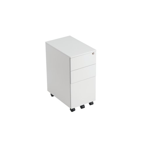 This entry level Jemini mobile steel pedestal features a slimline design for offices with space-saving needs. With 2 stationery drawers and 1 filing drawer, this pedestal is suitable for use with A4 suspension files. The tough steel carcass features an anti-tilt mechanism, allowing only 1 drawer open at a time. This pedestal measures W300xD470xH615mm and comes in white with an integrated handle design.