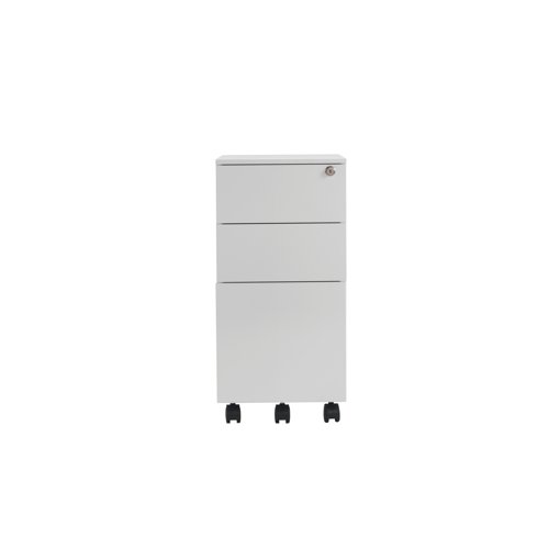 This entry level Jemini mobile steel pedestal features a slimline design for offices with space-saving needs. With 2 stationery drawers and 1 filing drawer, this pedestal is suitable for use with A4 suspension files. The tough steel carcass features an anti-tilt mechanism, allowing only 1 drawer open at a time. This pedestal measures W300xD470xH615mm and comes in white with an integrated handle design.