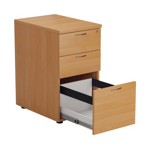 Suitable for use with the 600mm deep desking and radial desks, this 3 drawer desk high pedestal includes 2 box drawers and 1 foolscap size filing drawer. The box drawers will take A4 files. Measuring W404 x D600 x H730mm with a 25mm desktop the pedestal is finished in Beech.