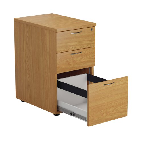 Suitable for use with the 600mm deep desking and radial desks, this 3 drawer desk high pedestal includes 2 box drawers and 1 foolscap size filing drawer. The box drawers will take A4 files. Measuring W404 x D600 x H730mm with a 25mm desktop the pedestal is finished in Nova Oak.