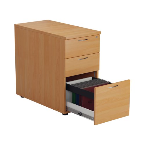 Suitable for use with standard desks, 600mm/800mm deep desking and radial desks, this 3 drawer desk high pedestal includes 2 box drawers and 1 foolscap size filing drawer. The box drawers will take A4 files. Measuring W404 x D800 x H730mm with a 25mm desktop the pedestal is finished in Beech.