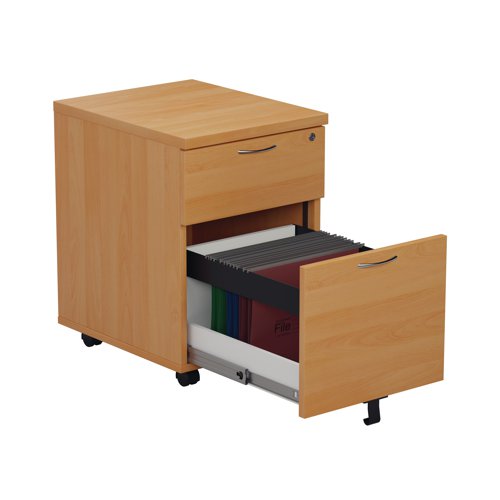 Finished in Beech, this Jemini mobile pedestal features 2 drawers consisting of 1 box drawer and 1 foolscap size filing drawer. Designed for use under desks or for use independently, the pedestal measures W404 x D500 x H595mm with a desktop depth of 25mm.