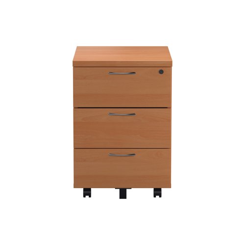 Finished in Beech, this Jemini mobile pedestal features 3 box drawers which will take A4 files. Designed for use under desks or for use independently, the pedestal measures W404 x D500 x H595mm with a desktop depth of 25mm.