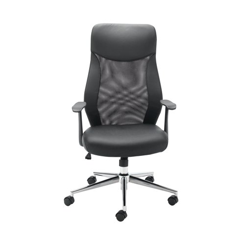 This high back operator chair with a mesh back and adjustable seat height provides an ideal option for all day comfort at your desk. The leather look PU seat is easy to keep clean. The seat is height adjustable and has a lock tilt mechanism with tilt tension control to provide the optimum seating position for the user. The chair has a recommended usage time of 8 hours and a maximum sitter weight of 18 stone. Supplied complete with fixed arms and a chrome base with castors.