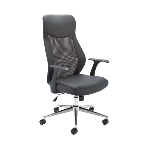 This high back operator chair with a mesh back and adjustable seat height provides an ideal option for all day comfort at your desk. The leather look PU seat is easy to keep clean. The seat is height adjustable and has a lock tilt mechanism with tilt tension control to provide the optimum seating position for the user. The chair has a recommended usage time of 8 hours and a maximum sitter weight of 18 stone. Supplied complete with fixed arms and a chrome base with castors.