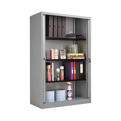 This tambour unit features height adjustable feet, and is ideal for maximising storage capacity while saving valuable office space. Designed to fit A4 binders, lateral and suspension filing, this tambour has a tough, durable welded carcass. The shutter doors open independently of each other, granting quick access to files. Colour: Grey.
