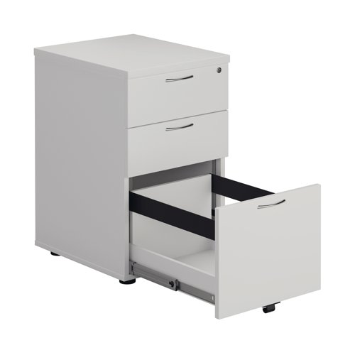 This 3-drawer under desk pedestal is suitable for both domestic and commercial use and contains accuride runners for smooth operation of drawers, and an anti-tilt mechanism for security. Fully lockable, and with wooden inners, this pedestal features a high-quality white finish. Dimensions: W404 x D500 x H690mm.