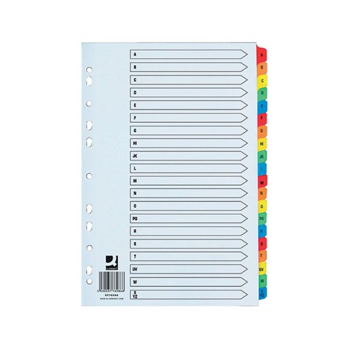 KF76986 | This Q-Connect A-Z index divider provides a clear and simple filing solution for your everyday office needs. The front index sheet provides space for labelling to make referencing your notes quick and easy. Made from plain white card with multi-coloured Mylar tabs for extra reinforcement, this divider is extra wide for increased visibility. This 20-part index comes with pre-printed tabs (A-Z) and is multi-punched to fit standard lever arch files or ring binders.