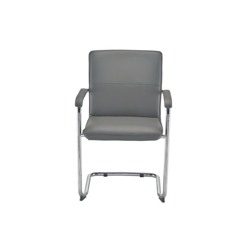 The Arista Stratus Visitor Chair has a chrome cantilever frame with contemporary leather look upholstery and leather look arm pads for comfort. The chair is non-stackable and has a recommended usage time 8 hours.