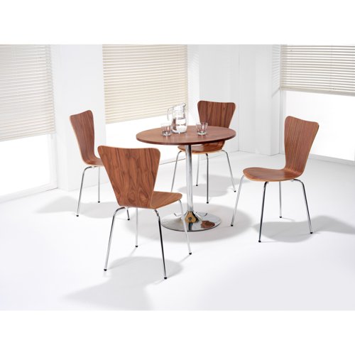 KF78110 | This stylish and elegant wooden chair with chrome legs is the perfect contemporary addition to any office break area or canteen. A smooth, moulded seat offers great stability, as well as comfort for up to 5 hours. The chrome frame offers fantastic support and durability.