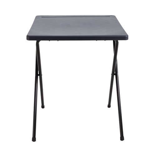 KF78653 | This Titan Exam Desk has an easy fold frame and is ideal for convenient transportation and storage. The blue polypropylene top has a moulded pen groove and is sloped for improved ergonomics. Metal clips and a strong black frame keep the desktop secure and stable when in use. Suitable for wheelchair access. The desk measures 600x600x710mm. Pack contains one exam desk.
