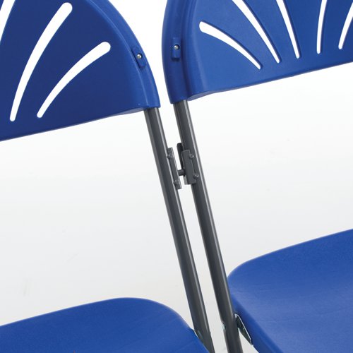 Durable, lightweight folding chair ideal for internal use in assemblies, exhibitions and other events. The seat has an integrated linking strip and folds for easy compact storage. Measuring 445x460x870mm, this pack contains 1 chair in blue.