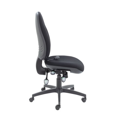 Comfortable radial back posture task chair, ideal for lower back and lumbar support. Fitted with asynchro mechanism with tilt tension control, adjustable lumbar and seat slide. Shown with optional height adjustable arm.