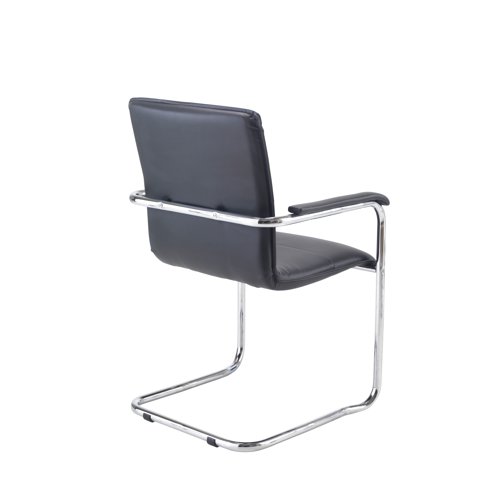 Featuring a bright chrome cantilever base contrasted with black leather look upholstery, these contemporary leather look visitor's chairs makes a stylish addition to any office. Supplied complete with leather look armpads for comfort. Supplied in a pack of 2.