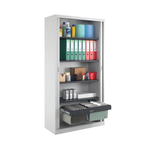 KF78760 | With doors that open 100% providing easy access to the contents, these tambour filing cabinets have a fully welded construction and lockable doors for use in virtually any environment. Supplied with shelves that are height adjustable at 36mm increments, the unit also benefits from adjustable feet to help ensure it remains level and comes complete with a cylinder lock and two keys. Use with the optional roll out filing frame (KF78774). Contents not included.
